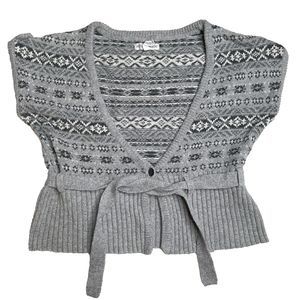 AEROPOSTALE Angora Cardigan Sweater Womens Large Gray Nordic Fair Isle Knit Crop